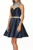 Illusion Neckline Short Dress in Navy Blue