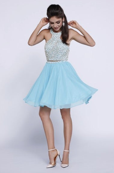 Two piece halter dress, blue skirt and beaded top