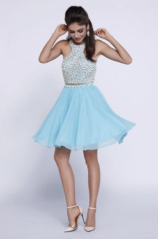 Two piece halter dress, blue skirt and beaded top