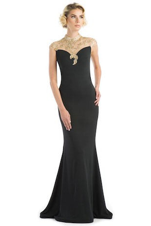 Formal Holiday Gown with Gold Collar Details