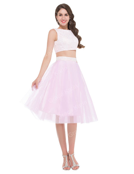 blush pink two piece gown homecoming prom lace tulle crop top skirt