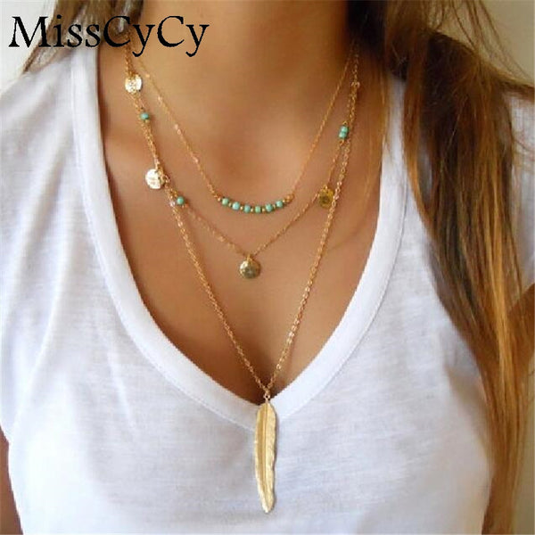 Boho Feather Necklace | Multi-Layer boho necklace | Turquoise Silver | Turquoise Gold