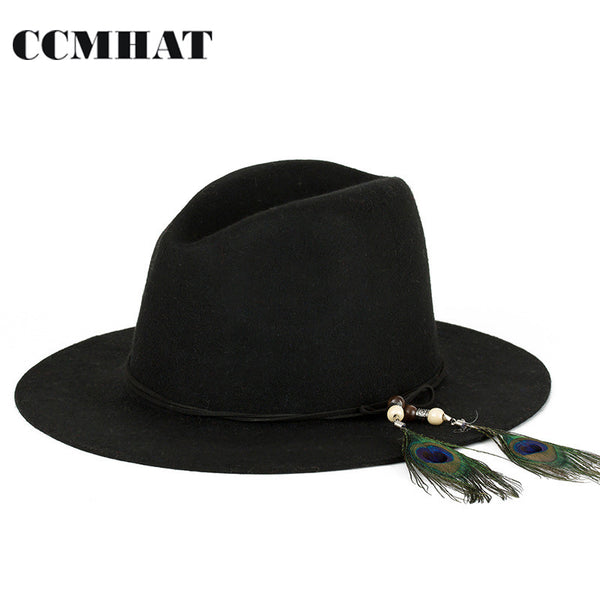 Wide Brim Boho Hat with Feather | Fedora | Black