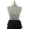 black crystal and feather dress | mini homecoming dress | cap sleeves high neck | beaded feather dress
