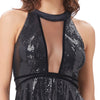 black sequin mini dress | black homecoming dress | open back | high neckline see through chest