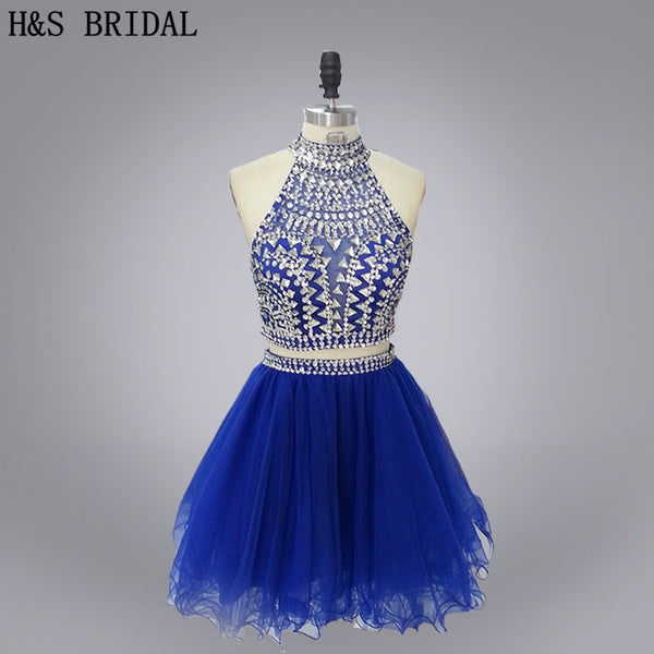 Two Piece Rhinestone Halter Homecoming Dress | Royal Blue
