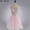 Two Piece Rhinestone Halter Homecoming Dress | Pink