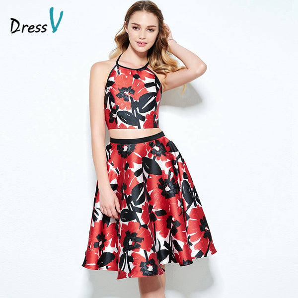 red and black formal homecoming dress | gown two piece floral | prom halter neck long skirt