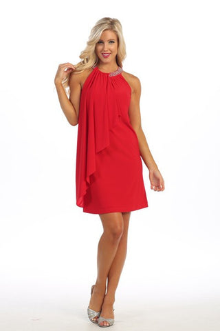 Flowing Red Cocktail Dress with Beaded Neckline
